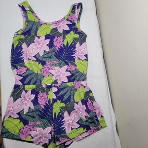 The Childrens Place Girls XS 4 Tropical Floral Romper Purple Green Pink Summer